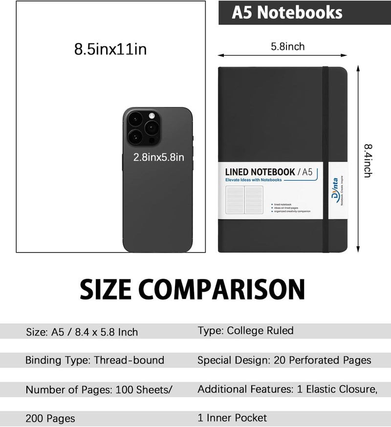 Dynta Hardcover Journal Notebooks, 10 Packs A5 Lined Journals Bulk for Writing 200 Pages/100Sheets, 8.4 x 5.8 inch, Classic Ruled Notebook for Work/Travel/College/Note Taking(Black) - Image 2